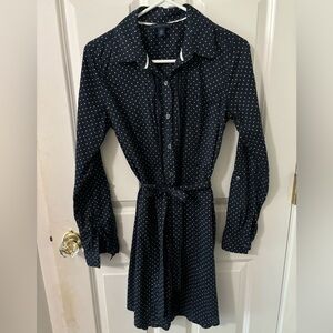 Navy shirt dress with white polka dots